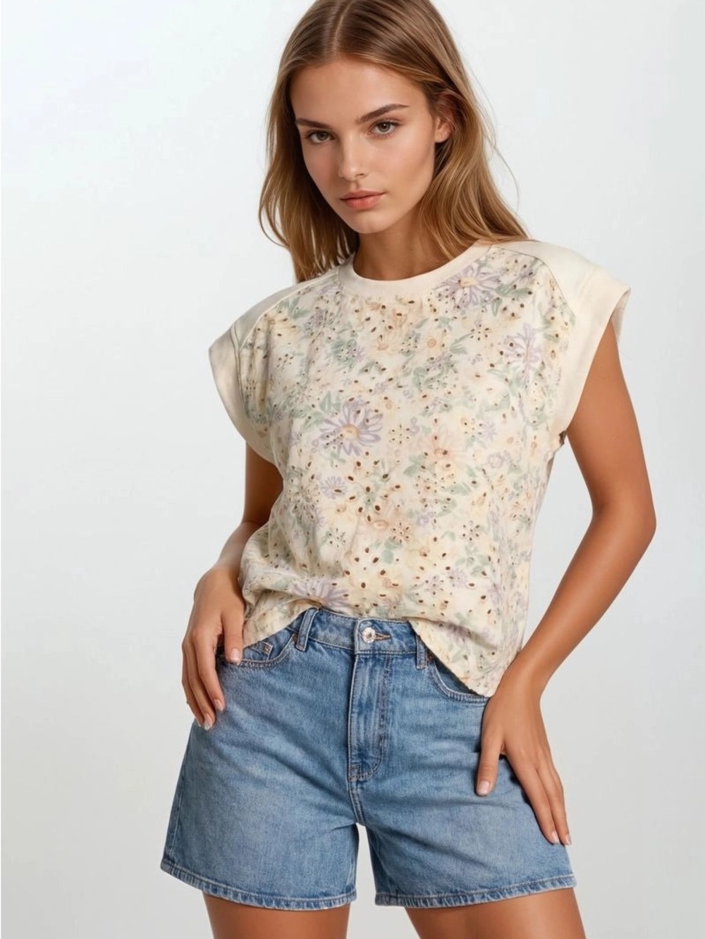 Doe & Rae Cream Floral Eyelet Tank
